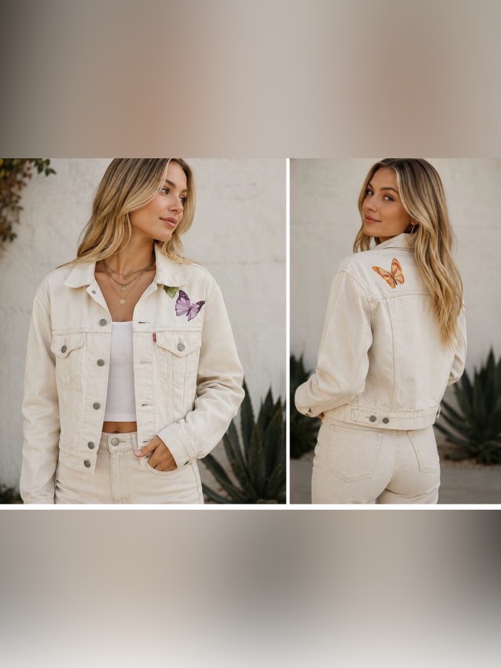 Levi's Cream Denim Jacket with Purple Butterfly